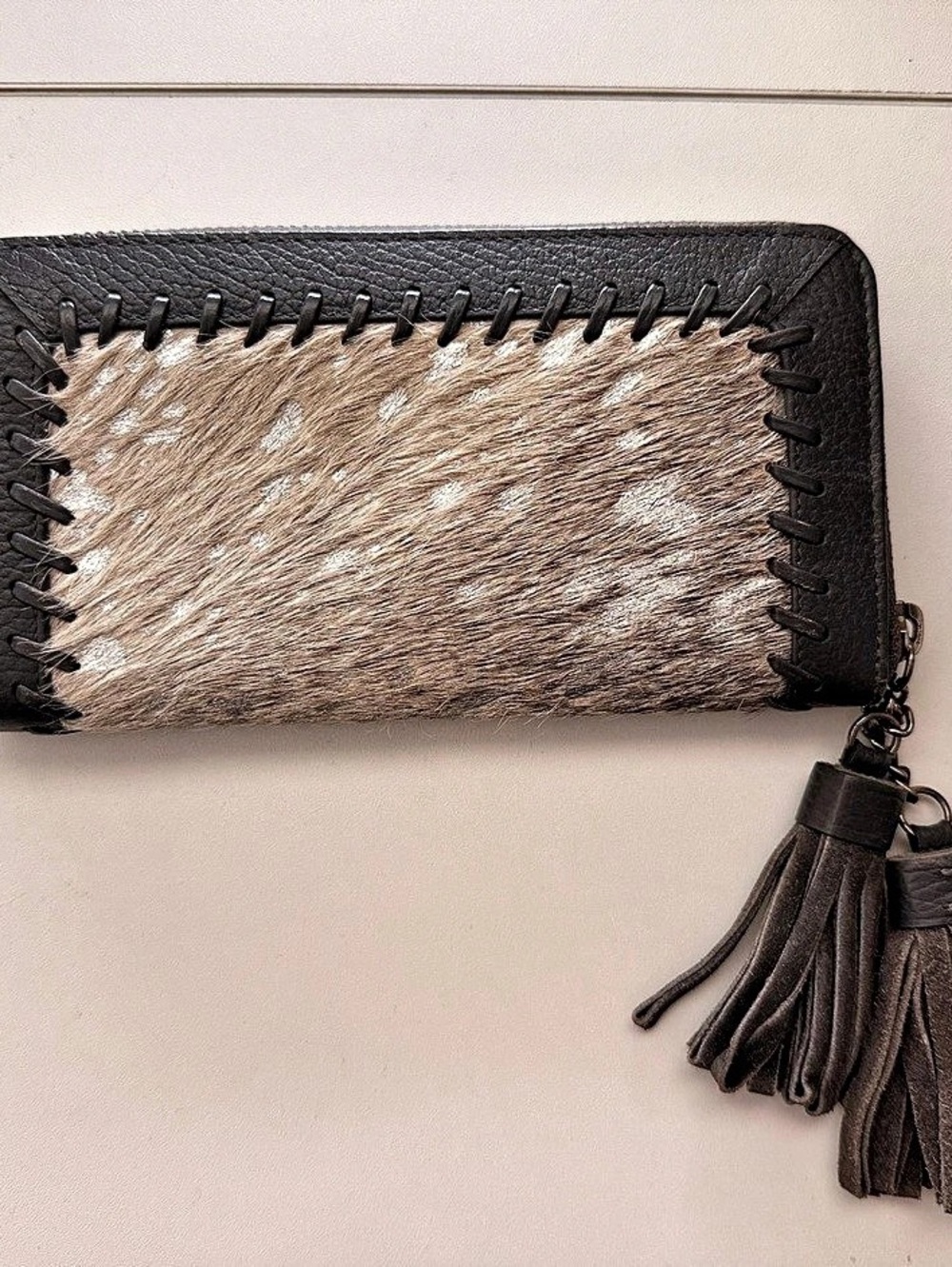 Bella by Sharif Hair-On-Hide Zip Wallet in Black & Brown